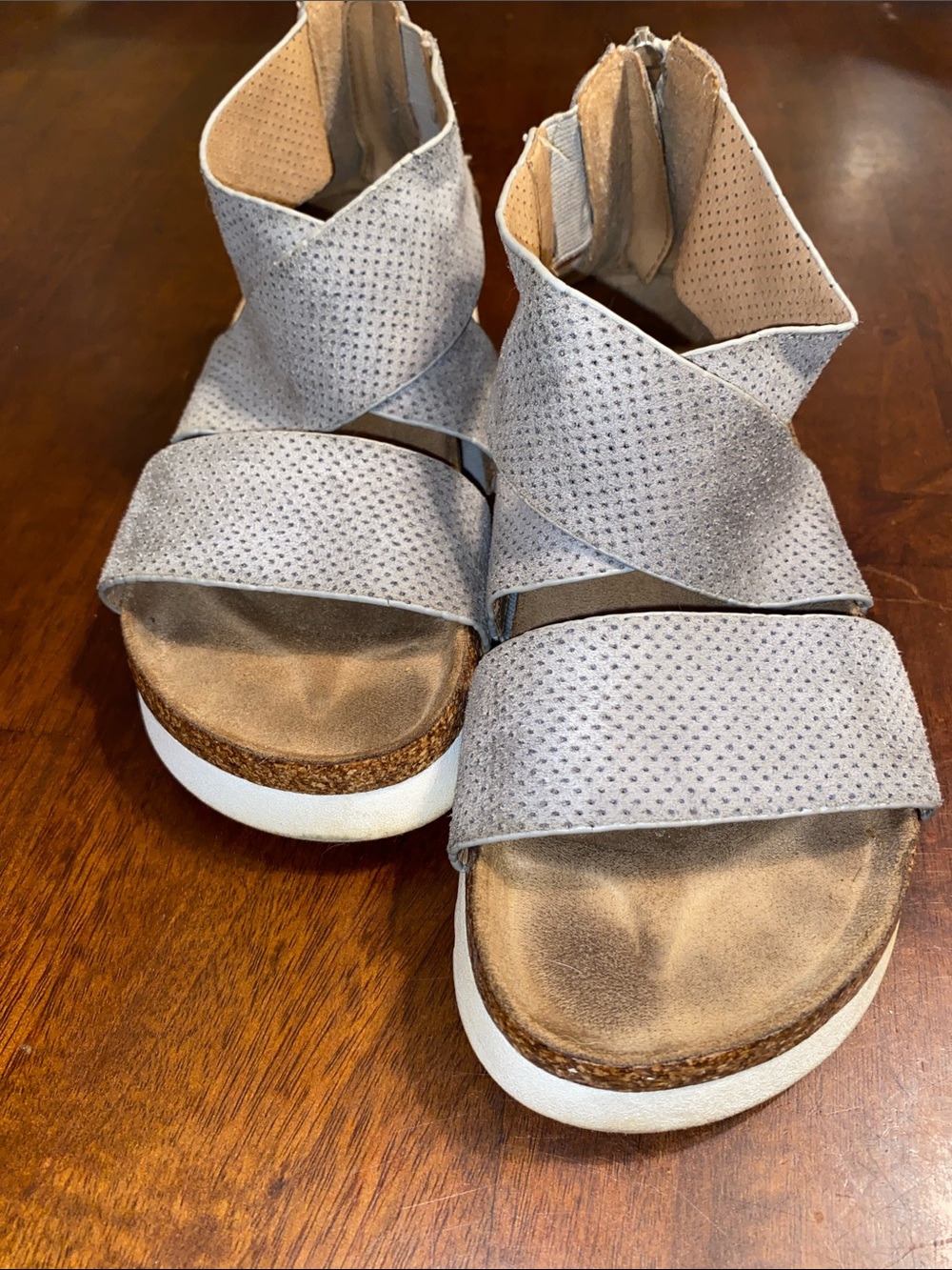 new directions Light Gray Crisscross Cork Wedge Sandals